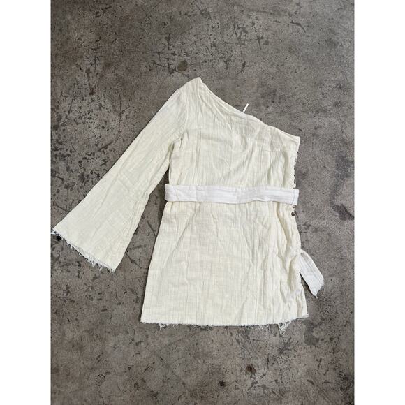 Free People‎ One Shoulder White Cotton Gauzy Dress Belted Waist White Size M - Picture 1 of 6